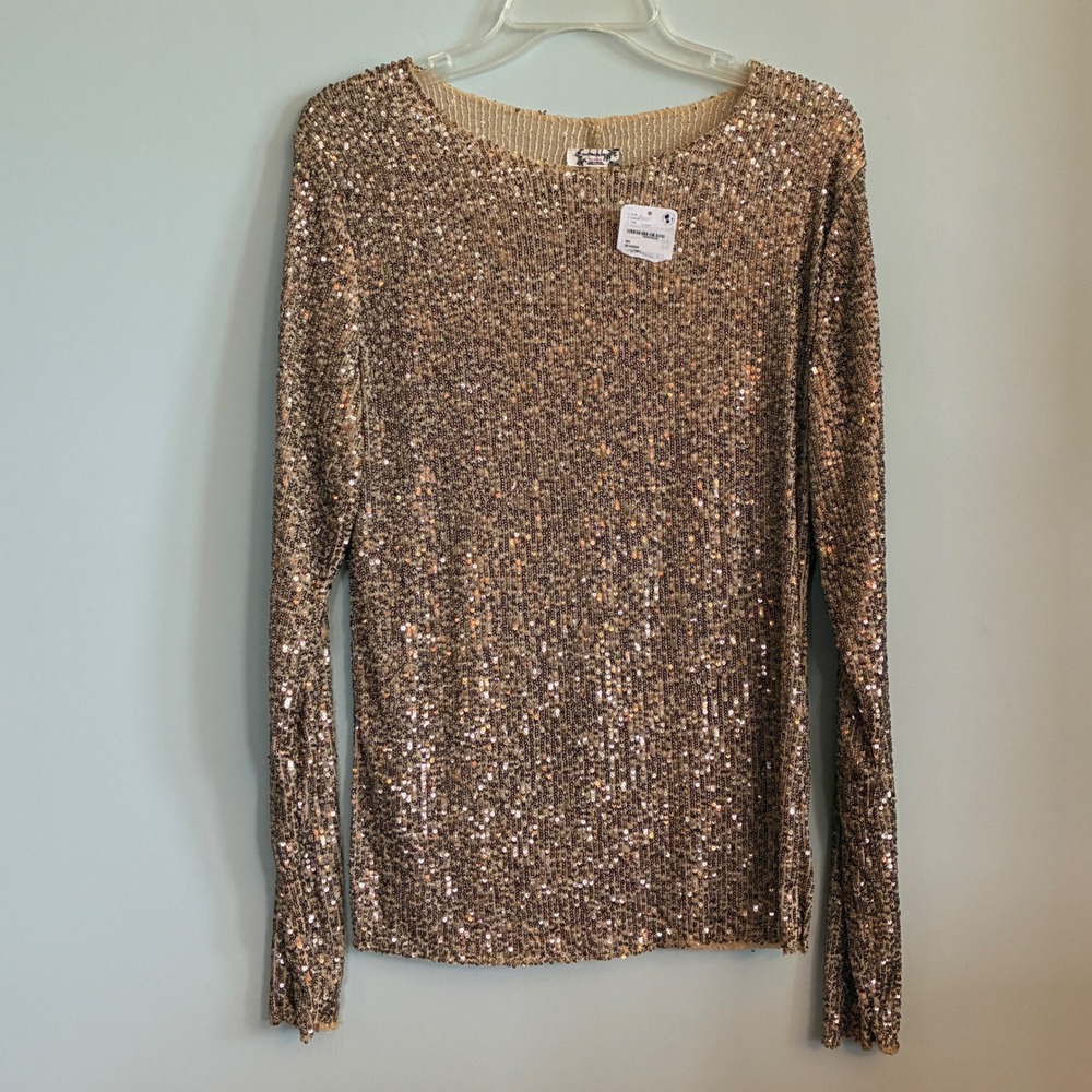 Intimately Free People Gold Rush Sequin Top Large Rockabilly Long Sleeve Glam